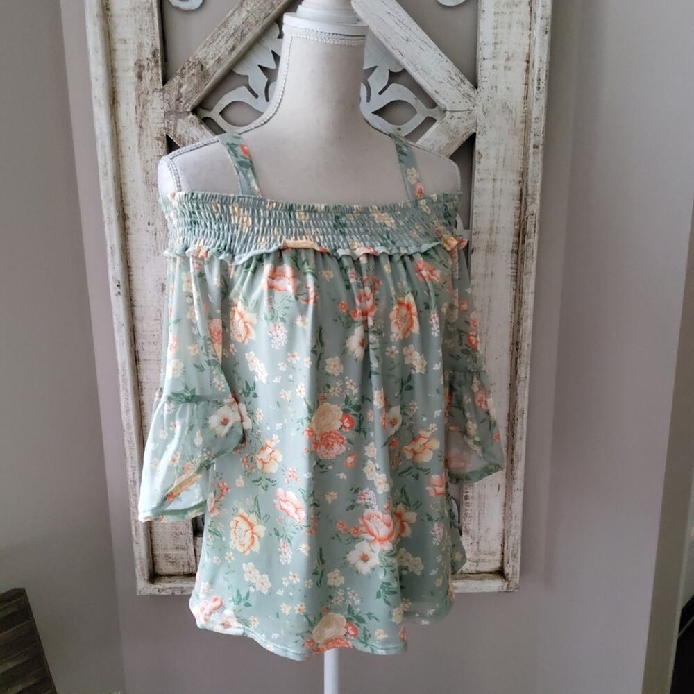 Absolutely Famous Sage Floral Off Shoulder Top Cottagecore Boho Coquette Smock M